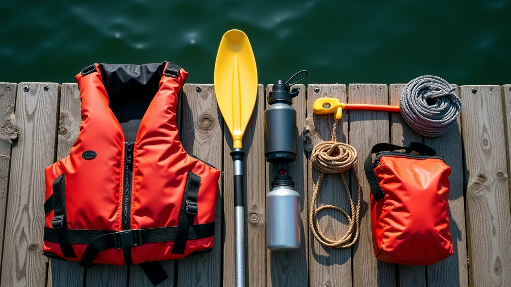 Close-up of paddling supplies laid out on dock - life jacket, paddle, dry bag, compass, water bottle, organized neatly