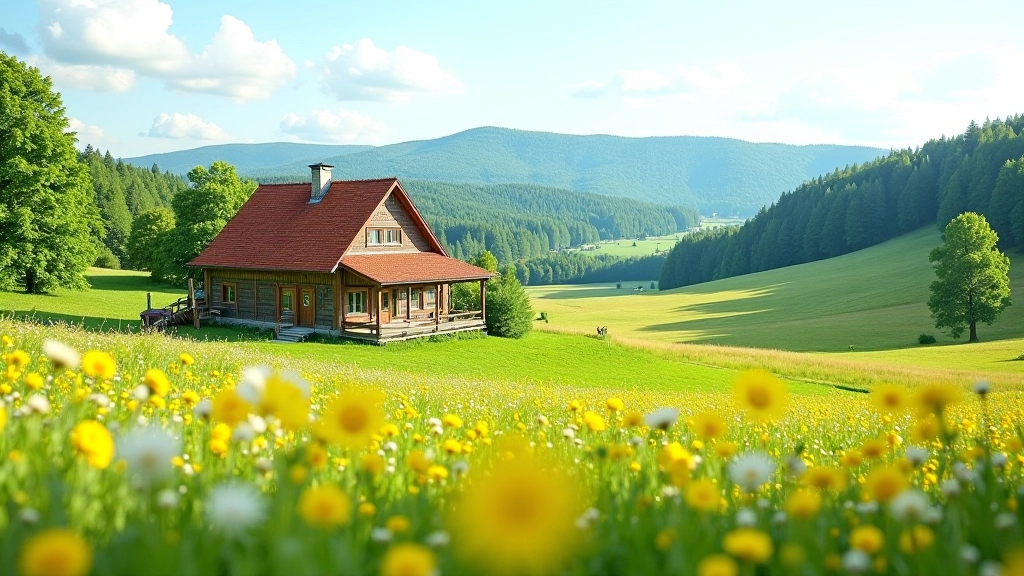 Charming country cottage in rural setting, beautiful countryside landscape, peaceful village environment