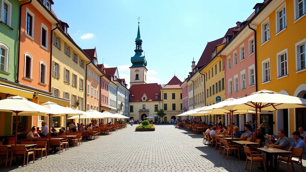 Historic town square with colorful buildings, cobblestone plaza, church spire in background, people sitting at outdoor cafe