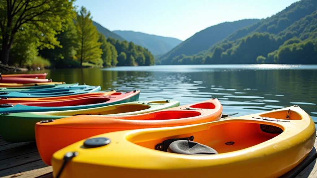 Colorful canoes lined up at a riverside rental station with mountains visible in the background, sunny day