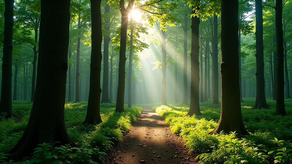 Dense forest hiking trail through old-growth woodland, green vegetation, peaceful nature setting