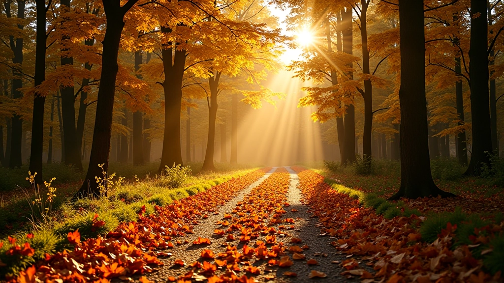 Forest clearing with autumn leaves on the ground, golden hour sunlight filtering through trees, peaceful woodland scene, warm lighting