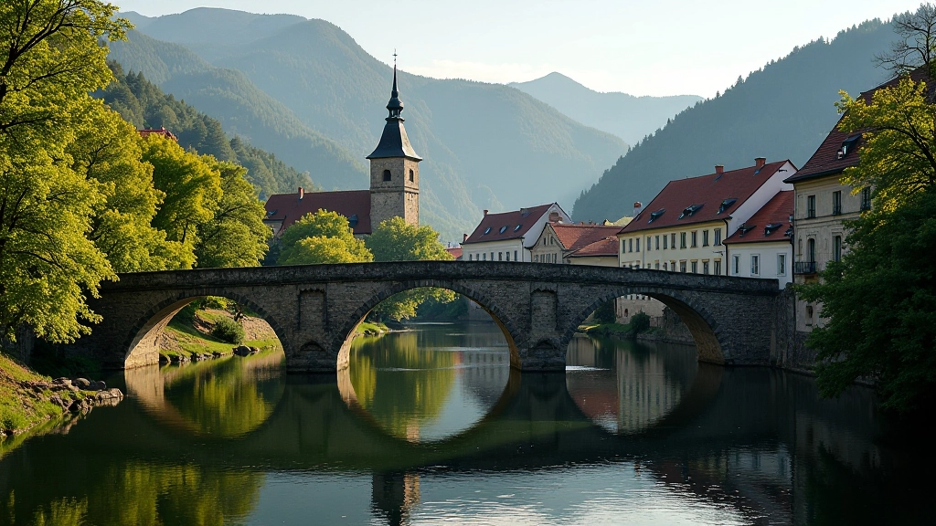 Medieval stone bridge over river with historic buildings behind it, town nestled in valley, river reflections, autumn trees