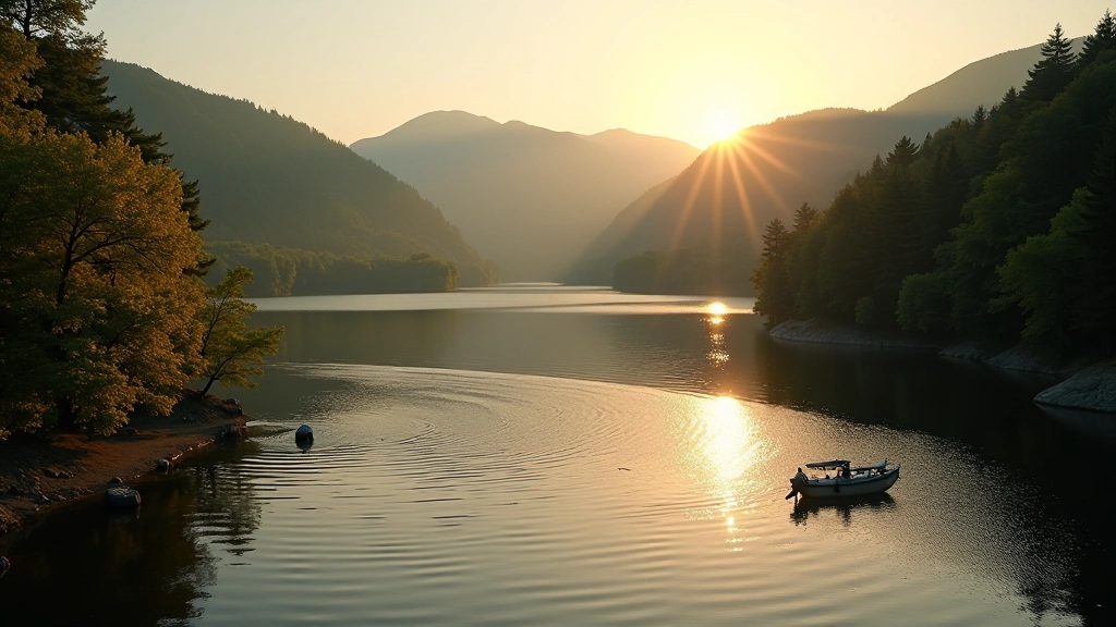 Milada Reservoir surrounded by forested hills, boat launching area, multiple fishing spots along shore, evening golden light