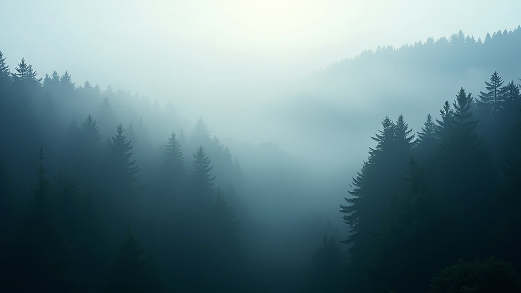 Misty Šumava forest in early morning with layered tree silhouettes fading into fog