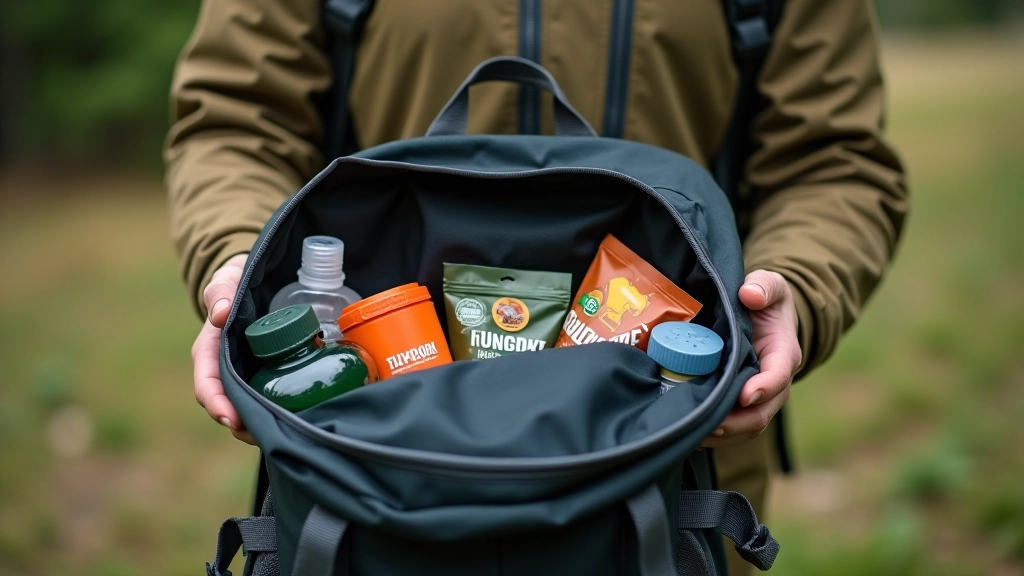 Packed backpack with hiking gear, water bottle, snacks, and weather-appropriate clothing arranged on natural outdoor surface
