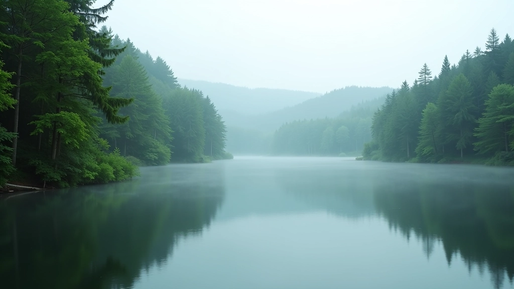 Dense forest surrounding a calm, reflective lake, minimal crowds, peaceful natural setting, morning light
