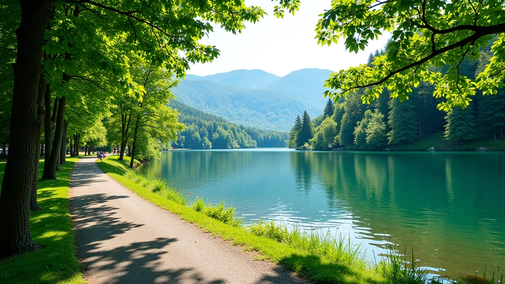 Vrané Lake with bike path visible, trees providing shade, calm water, few visitors scattered around, afternoon light