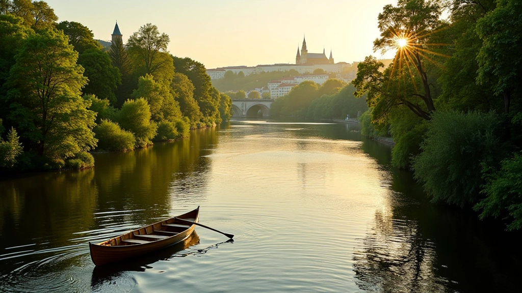 Scenic Vltava River flowing through landscape, riverside towns visible, canoe on water, natural beauty