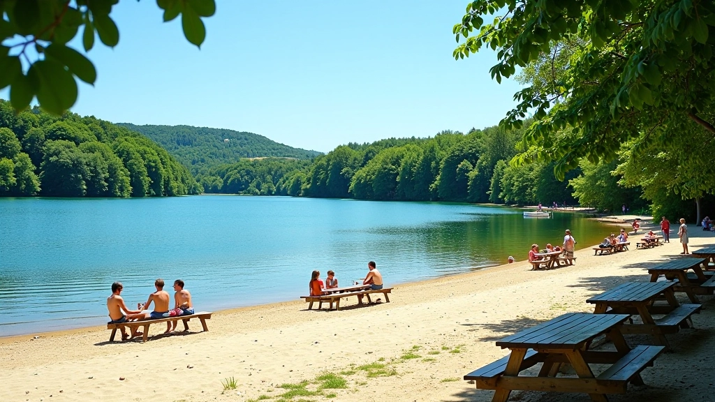 Clear blue water of Slapy Lake with sandy beach, trees along shoreline, families relaxing on picnic blankets, sunny day