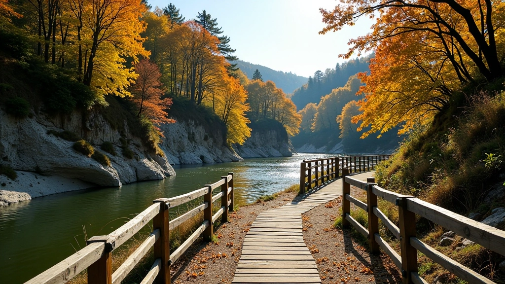 Hiking trail alongside the Vltava river with wooden railing, autumn foliage, steep bank with trees, clear path ahead