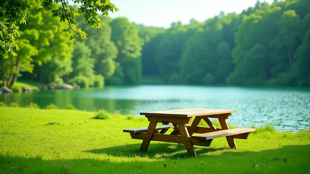 Wooden picnic table by a clear lake with green forest in background, sunny afternoon, peaceful setting